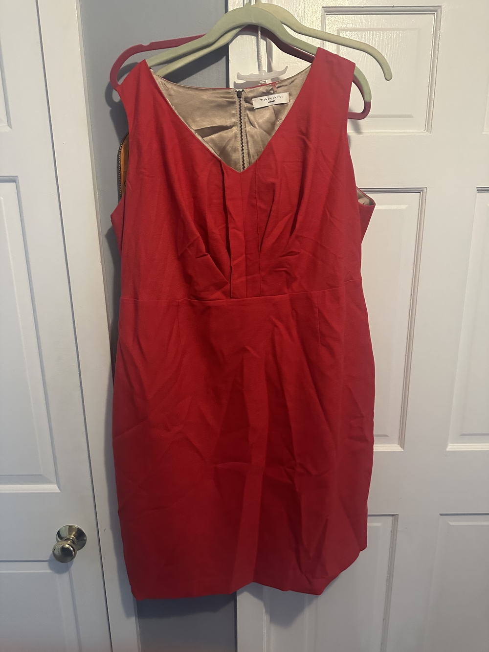 Tahari Red V-Neck Midi Sheath Dress
